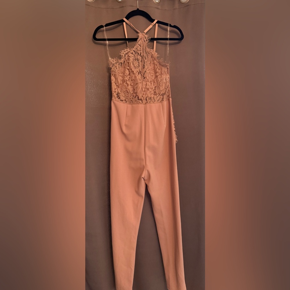 Iris Lace Halter Jumpsuit in Tan